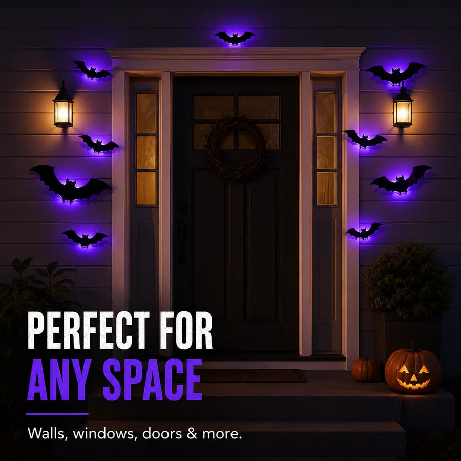 Glowing bat lights arranged on a wall