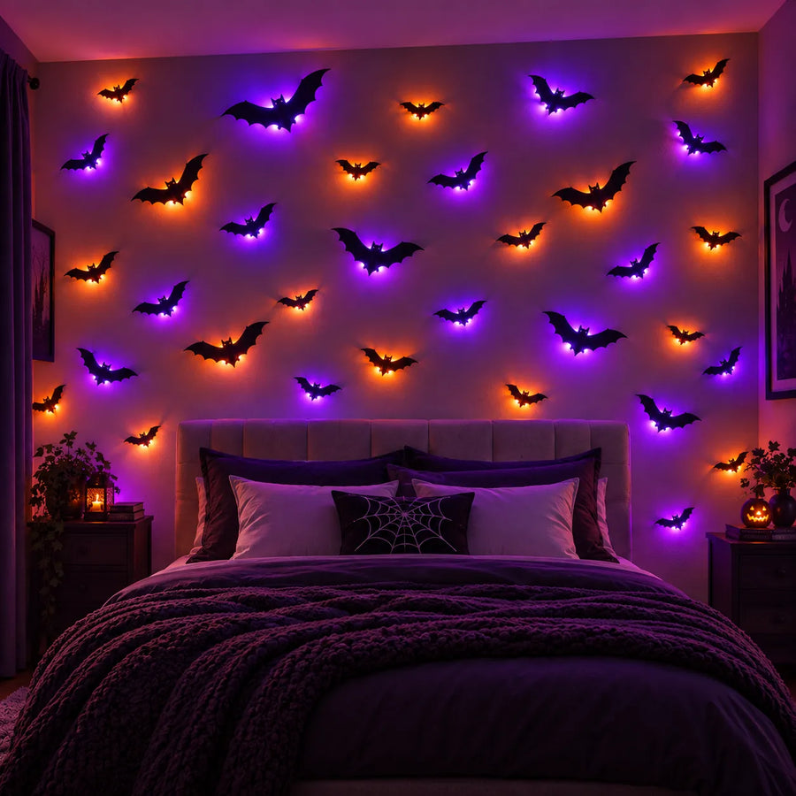 Purple glowing bats above a bed