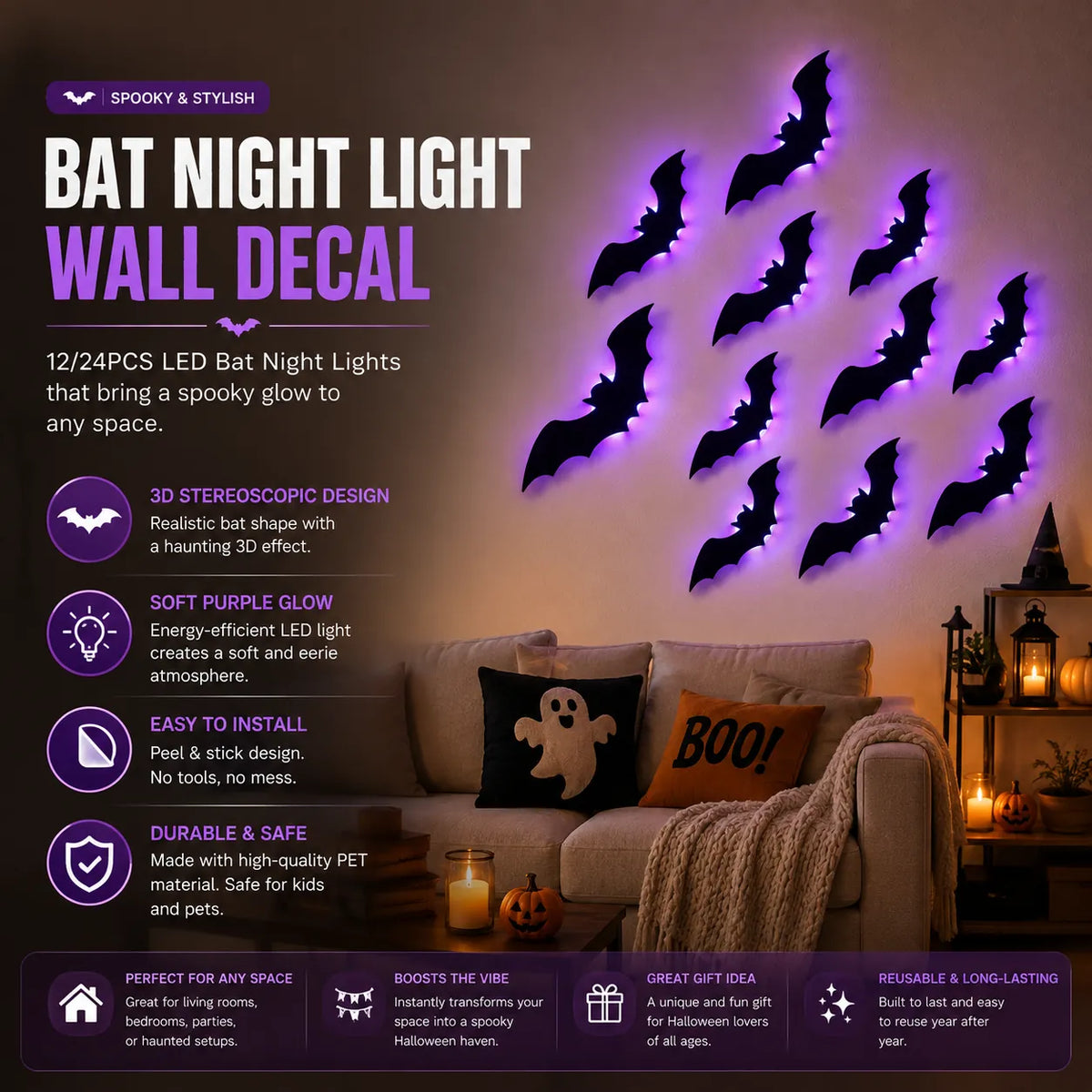 Glowing purple 3D LED bats covering a wall at night